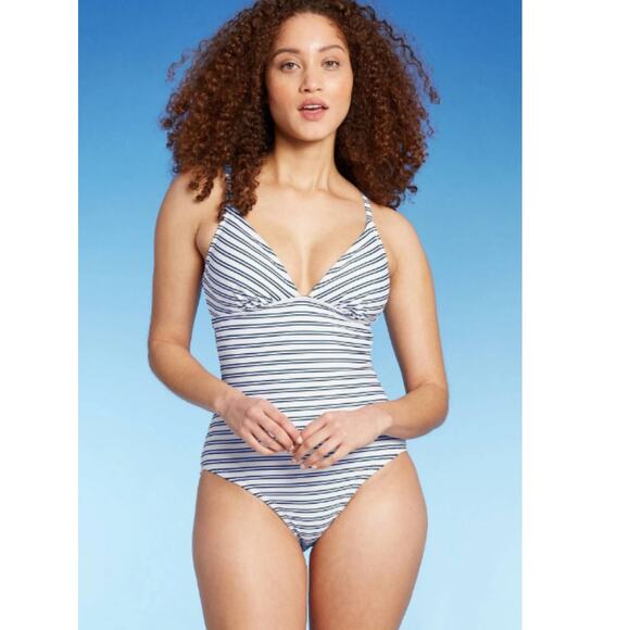 Kona Sol Size L Women's Triangle High Coverage One Piece Swimsuit  Navy White - Picture 2 of 12